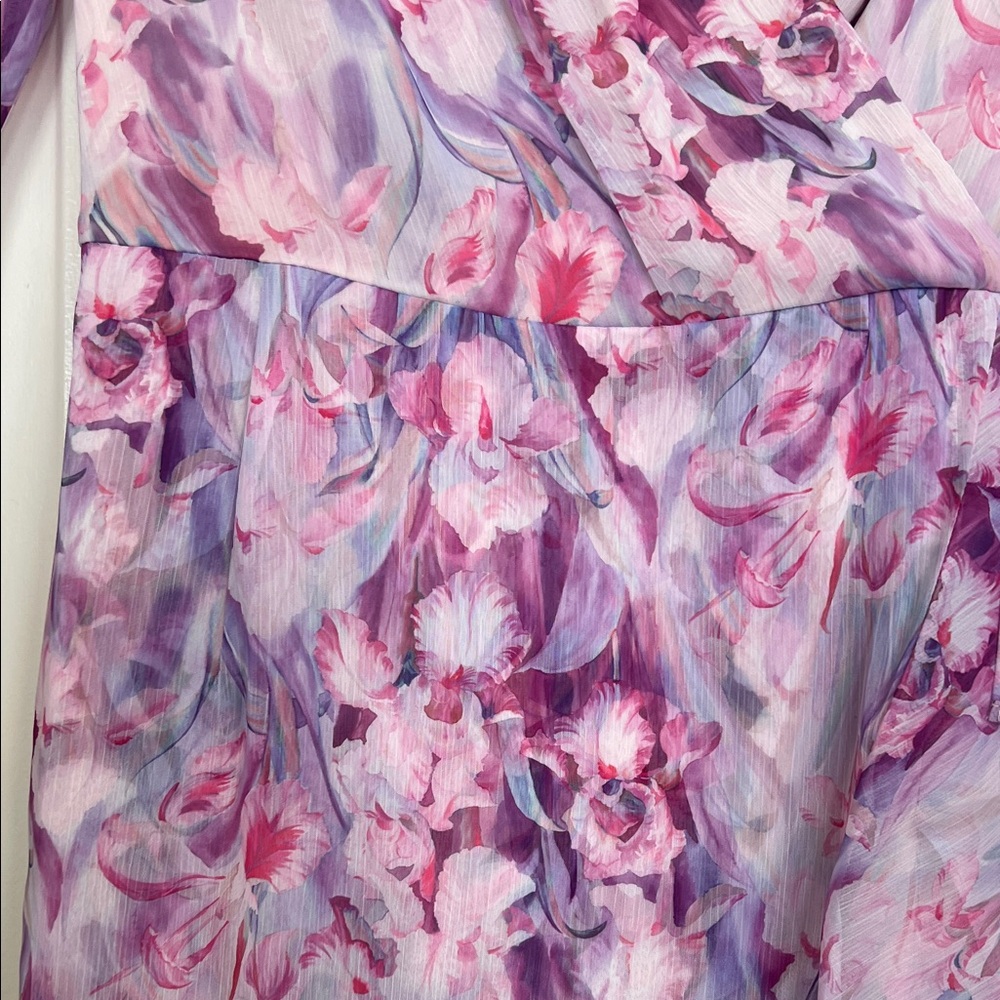 Adrianna Papell Floral Chiffon Wrap Midi Dress | Pink Purple Wedding Guest - Picture 7 of 7